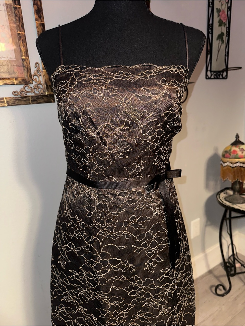 Vintage 90s Laundry by Shelli Segal Black Gold Lace Strappy Midi Dress, Sz 2 - Picture 4 of 5